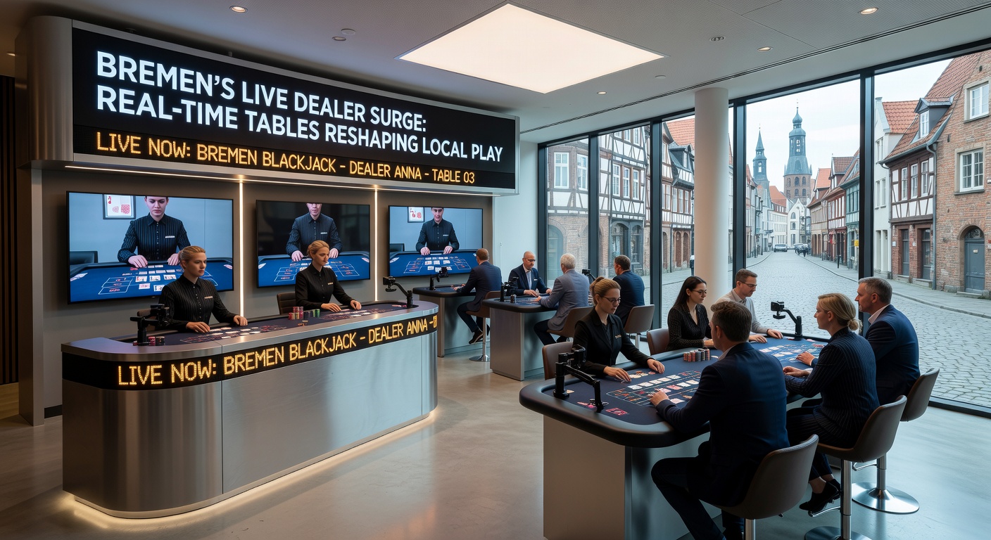 Gruppe von Spielern vor Bildschirmen mit Live-Blackjack-Tisch, dynamische Atmosphäre im bremer Online-Casino