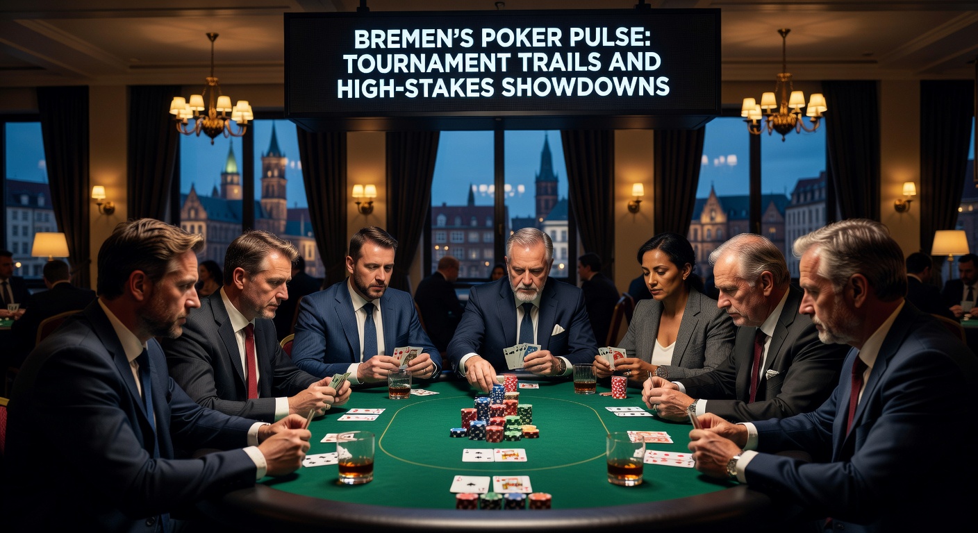 Spieler am Pokertisch in einem bremer Casino bei einem intensiven Turnier, Karten fliegen, Chips stapeln sich hoch