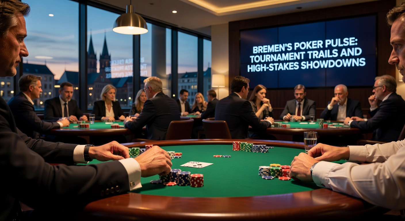 Dramatisches High-Stakes-Pokerduell in Bremen, Spieler in Konzentration, Stapel von Chips und Karten auf dem grünen Tuch