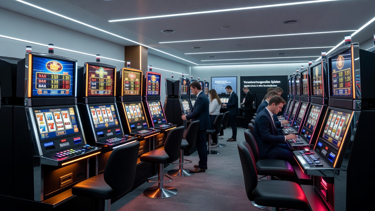 Detailaufnahme moderner LED-Beleuchtung über Slot-Maschinen in einer deutschen Spielstätte mit Fokus auf Lichtintensität und Farbtemperatur