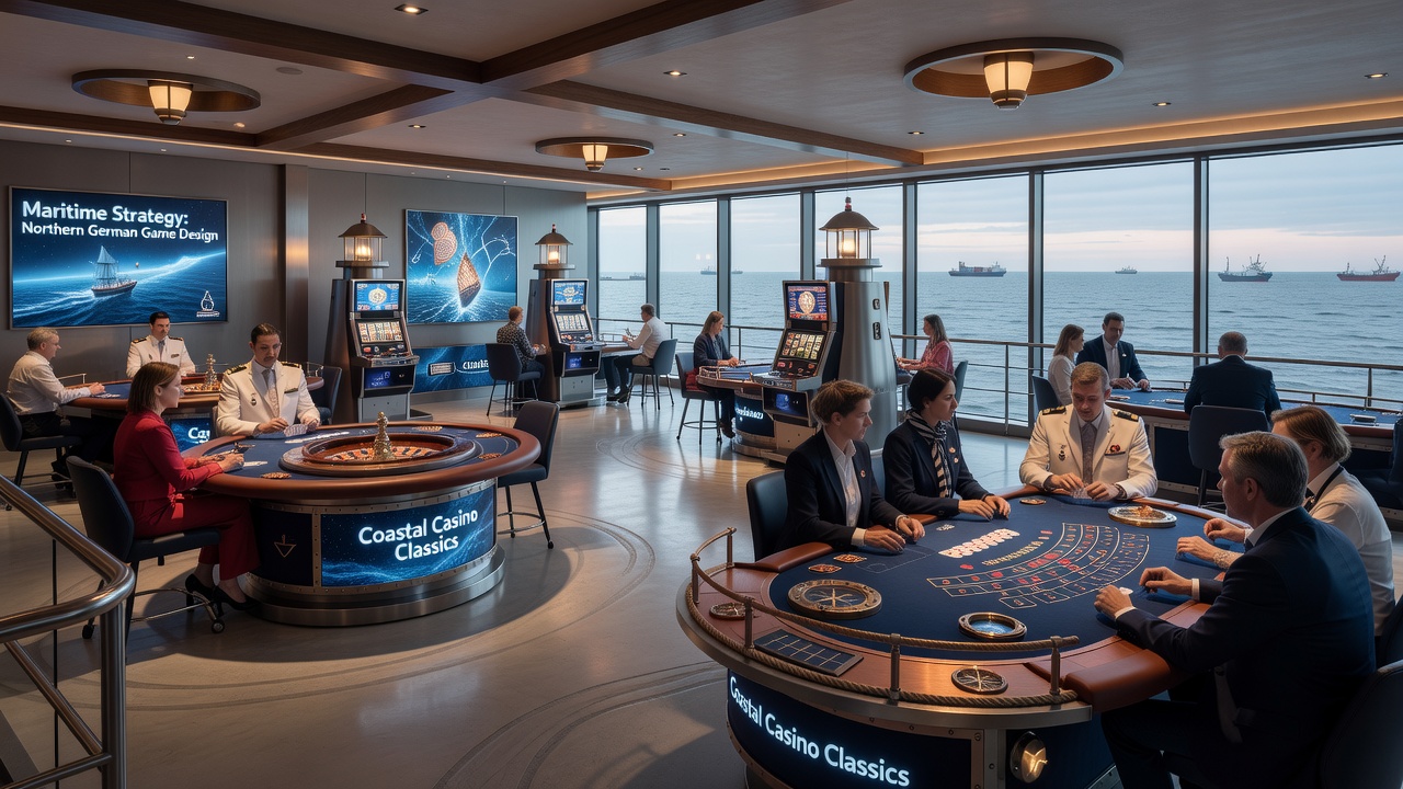 Innenansicht eines norddeutschen Casinos mit nautisch inspirierten Spielautomaten und Dekoration